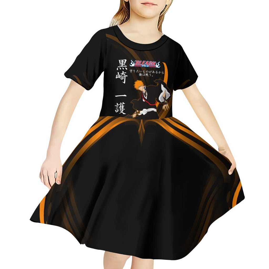Ichigo Bleach Anime Black and Orange Theme Kid Short Sleeve Dress with Hollow Mask and Japanese Calligraphy Design - The Mazicc
