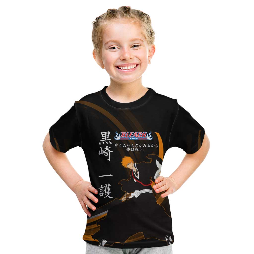 Ichigo Bleach Anime Black and Orange Theme Kid T Shirt with Hollow Mask and Japanese Calligraphy Design - The Mazicc