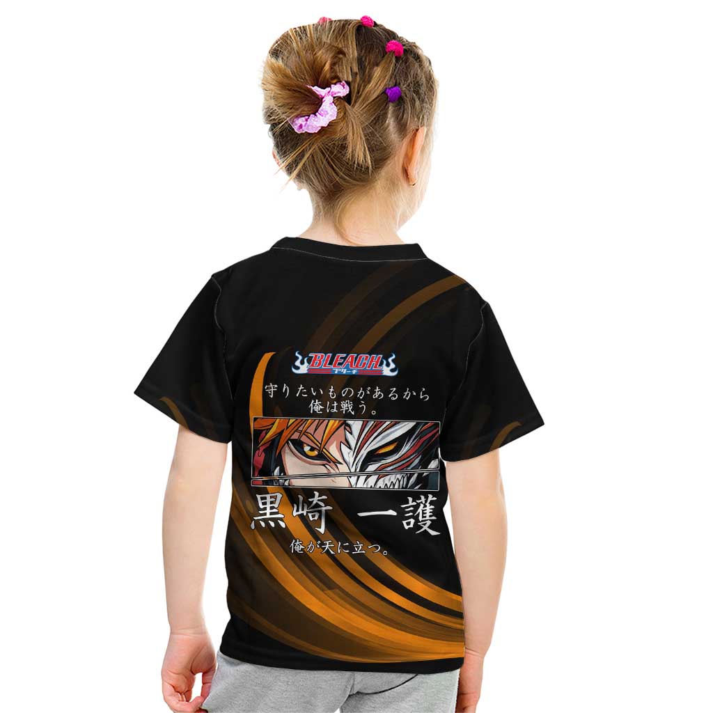 Ichigo Bleach Anime Black and Orange Theme Kid T Shirt with Hollow Mask and Japanese Calligraphy Design - The Mazicc