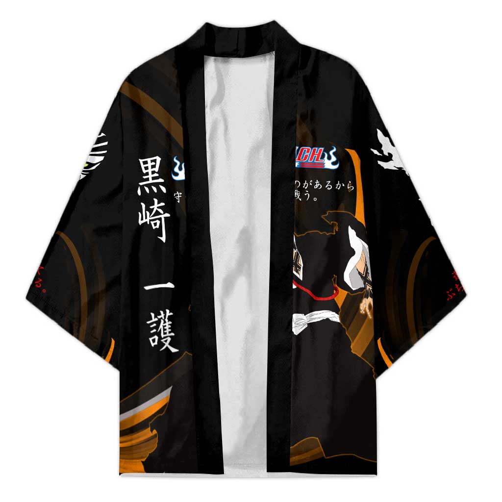 Ichigo Bleach Anime Black and Orange Theme Kimono with Hollow Mask and Japanese Calligraphy Design - The Mazicc