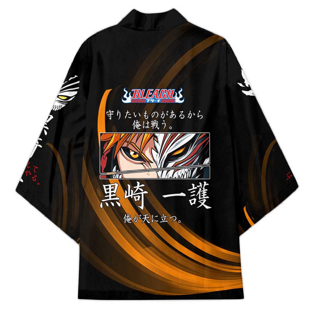 Ichigo Bleach Anime Black and Orange Theme Kimono with Hollow Mask and Japanese Calligraphy Design - The Mazicc