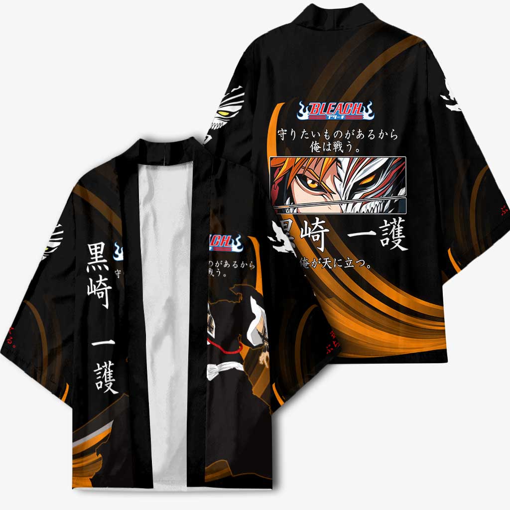 Ichigo Bleach Anime Black and Orange Theme Kimono with Hollow Mask and Japanese Calligraphy Design - The Mazicc