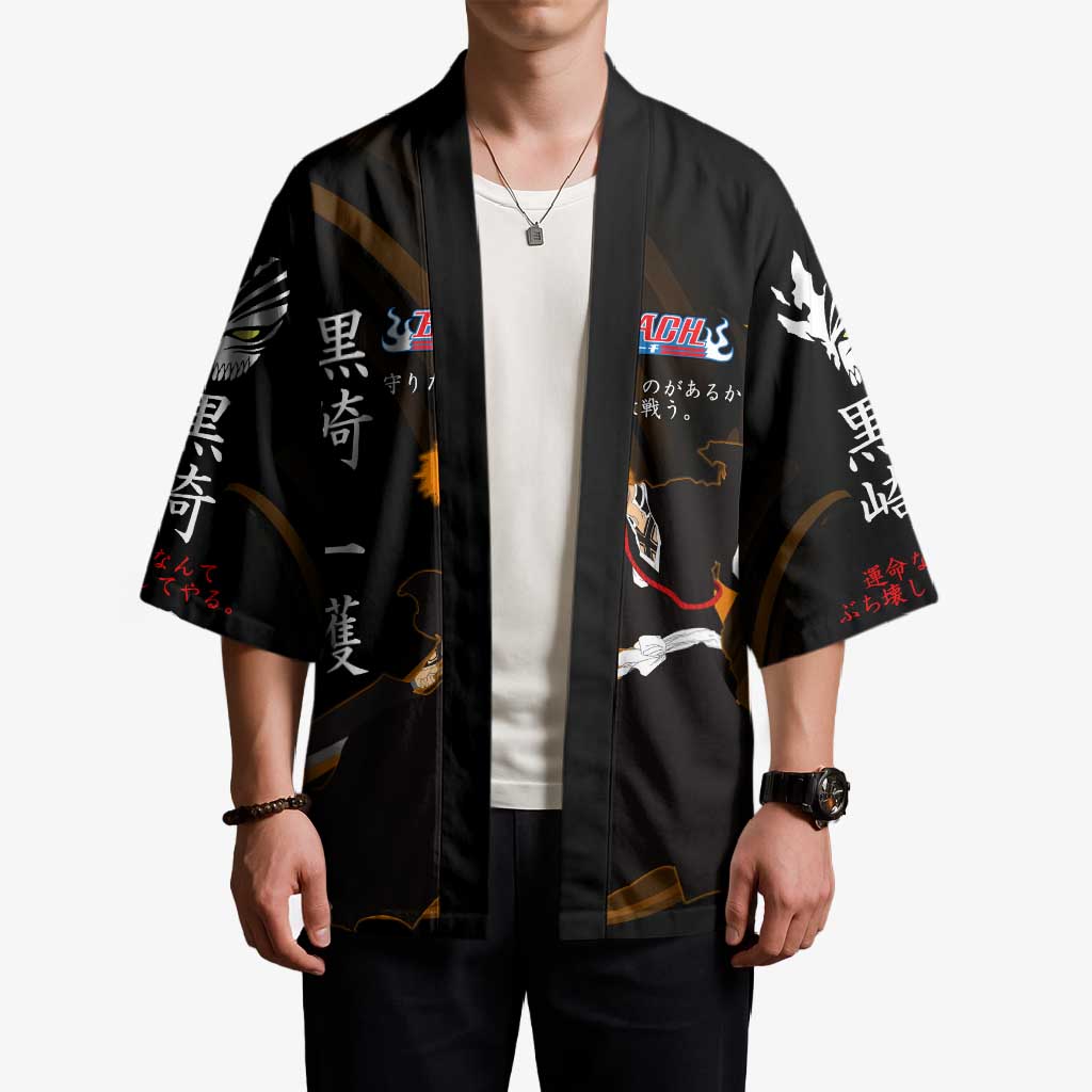 Ichigo Bleach Anime Black and Orange Theme Kimono with Hollow Mask and Japanese Calligraphy Design - The Mazicc