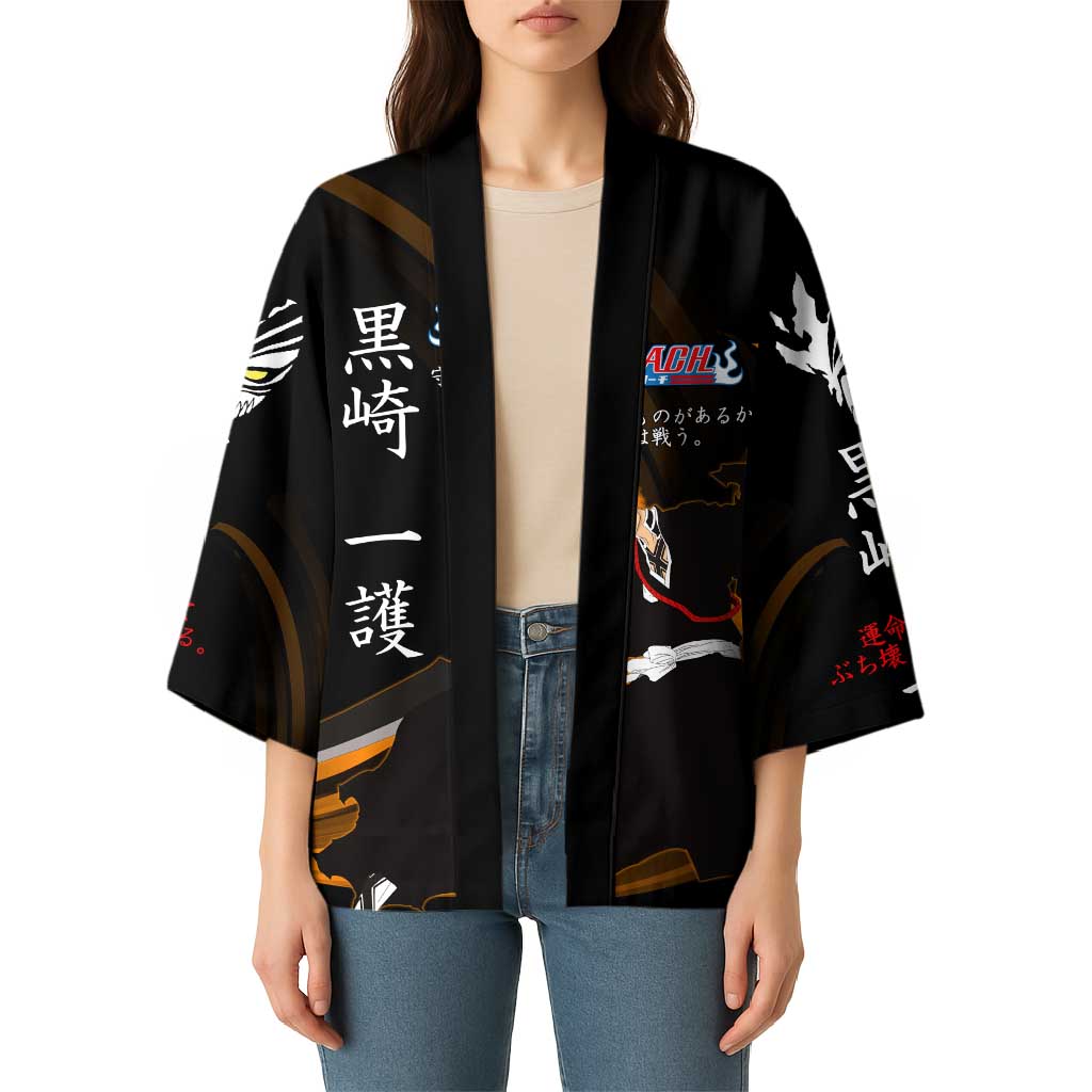 Ichigo Bleach Anime Black and Orange Theme Kimono with Hollow Mask and Japanese Calligraphy Design - The Mazicc