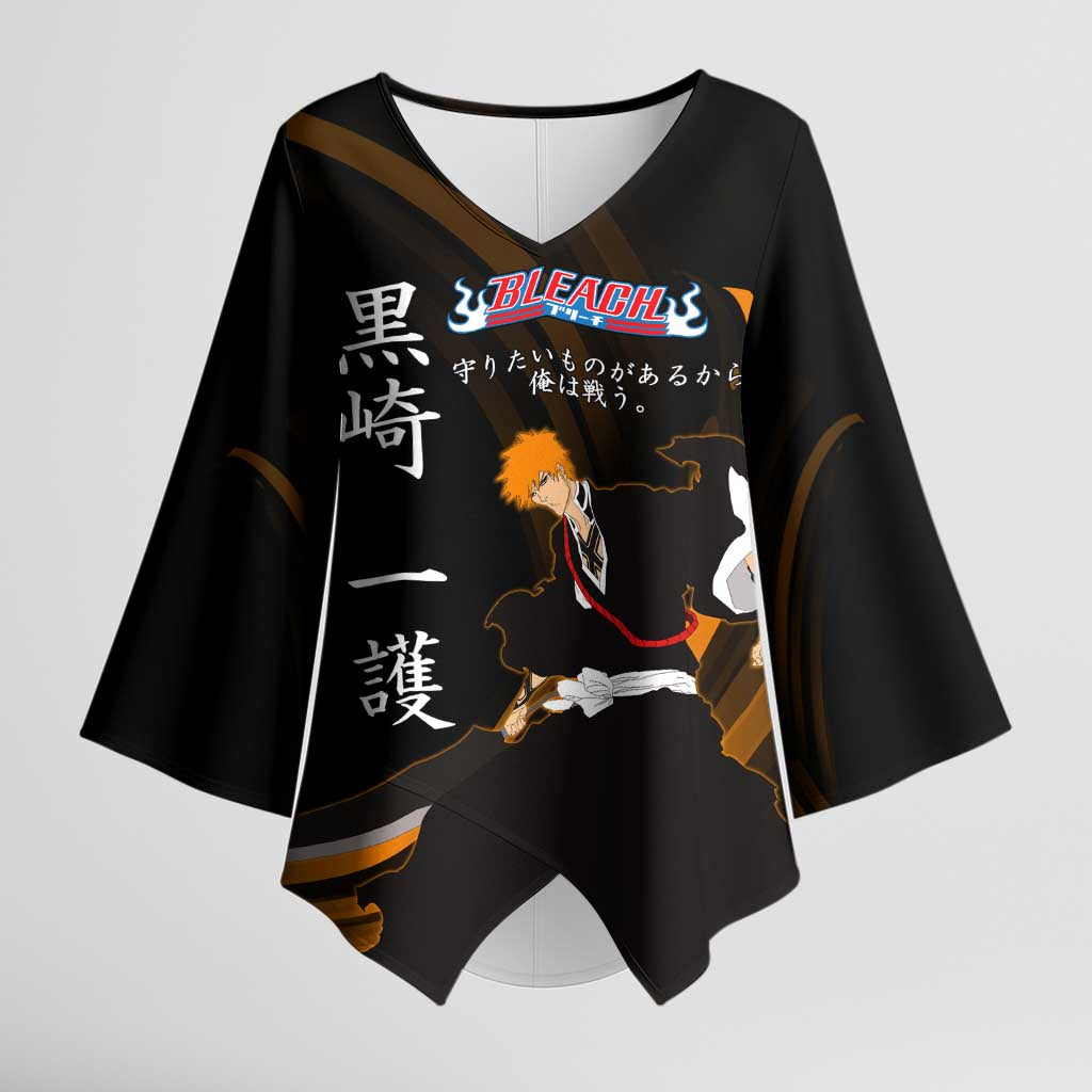 Ichigo Bleach Anime Black and Orange Theme Kimono Sleeve Blouse with Hollow Mask and Japanese Calligraphy Design - The Mazicc