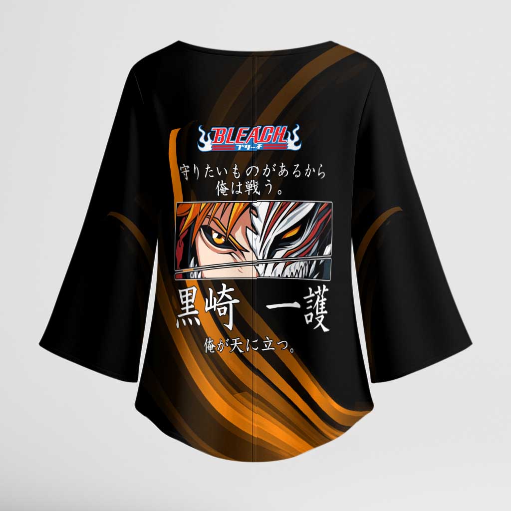 Ichigo Bleach Anime Black and Orange Theme Kimono Sleeve Blouse with Hollow Mask and Japanese Calligraphy Design - The Mazicc
