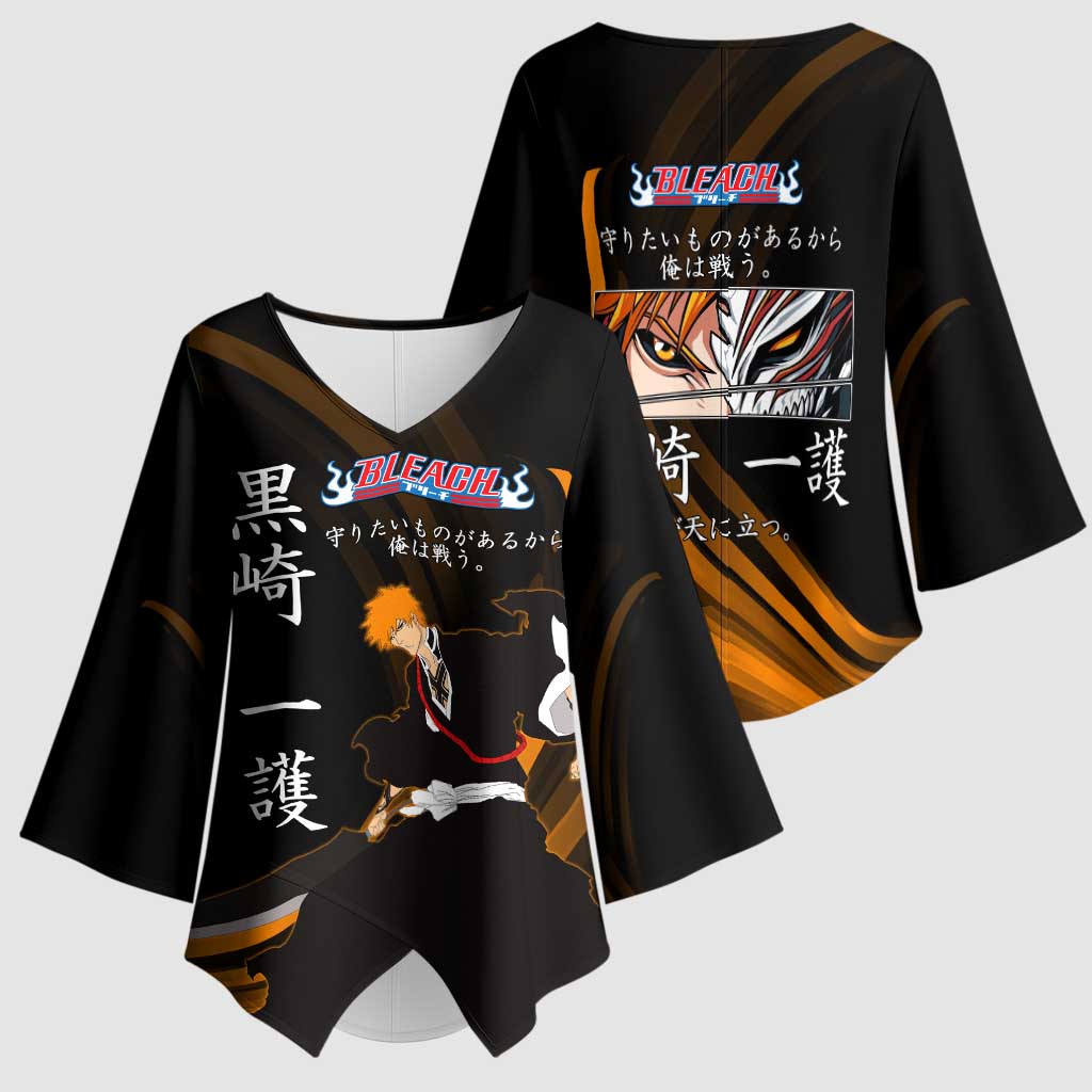 Ichigo Bleach Anime Black and Orange Theme Kimono Sleeve Blouse with Hollow Mask and Japanese Calligraphy Design - The Mazicc