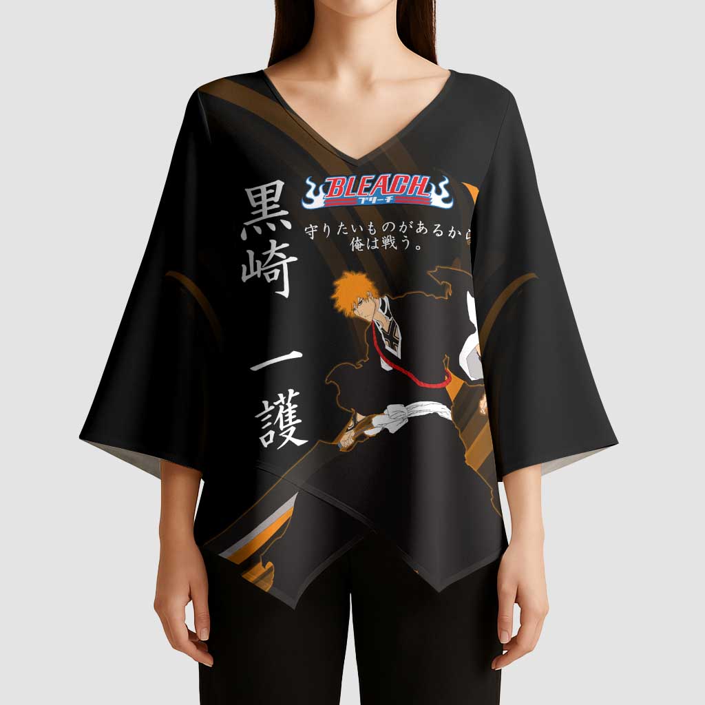 Ichigo Bleach Anime Black and Orange Theme Kimono Sleeve Blouse with Hollow Mask and Japanese Calligraphy Design - The Mazicc