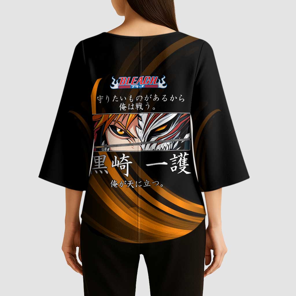 Ichigo Bleach Anime Black and Orange Theme Kimono Sleeve Blouse with Hollow Mask and Japanese Calligraphy Design - The Mazicc