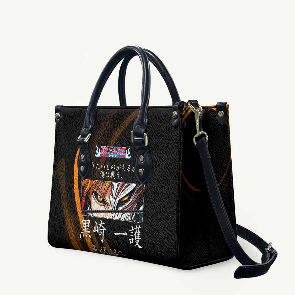 Ichigo Bleach Anime Black and Orange Theme Leather Bag with Hollow Mask and Japanese Calligraphy Design - The Mazicc