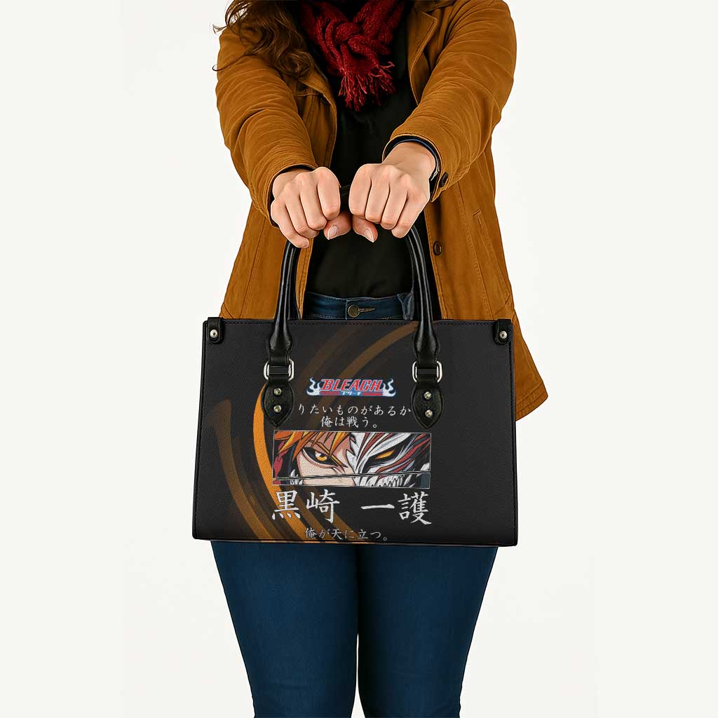 Ichigo Bleach Anime Black and Orange Theme Leather Bag with Hollow Mask and Japanese Calligraphy Design - The Mazicc