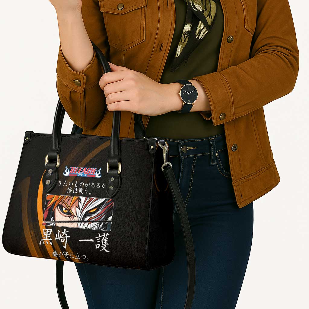 Ichigo Bleach Anime Black and Orange Theme Leather Bag with Hollow Mask and Japanese Calligraphy Design - The Mazicc