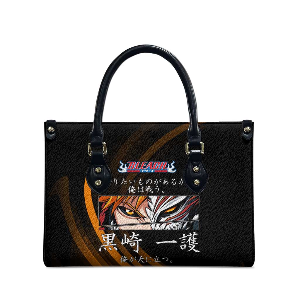 Ichigo Bleach Anime Black and Orange Theme Leather Bag with Hollow Mask and Japanese Calligraphy Design - The Mazicc