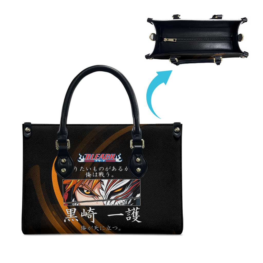 Ichigo Bleach Anime Black and Orange Theme Leather Bag with Hollow Mask and Japanese Calligraphy Design - The Mazicc