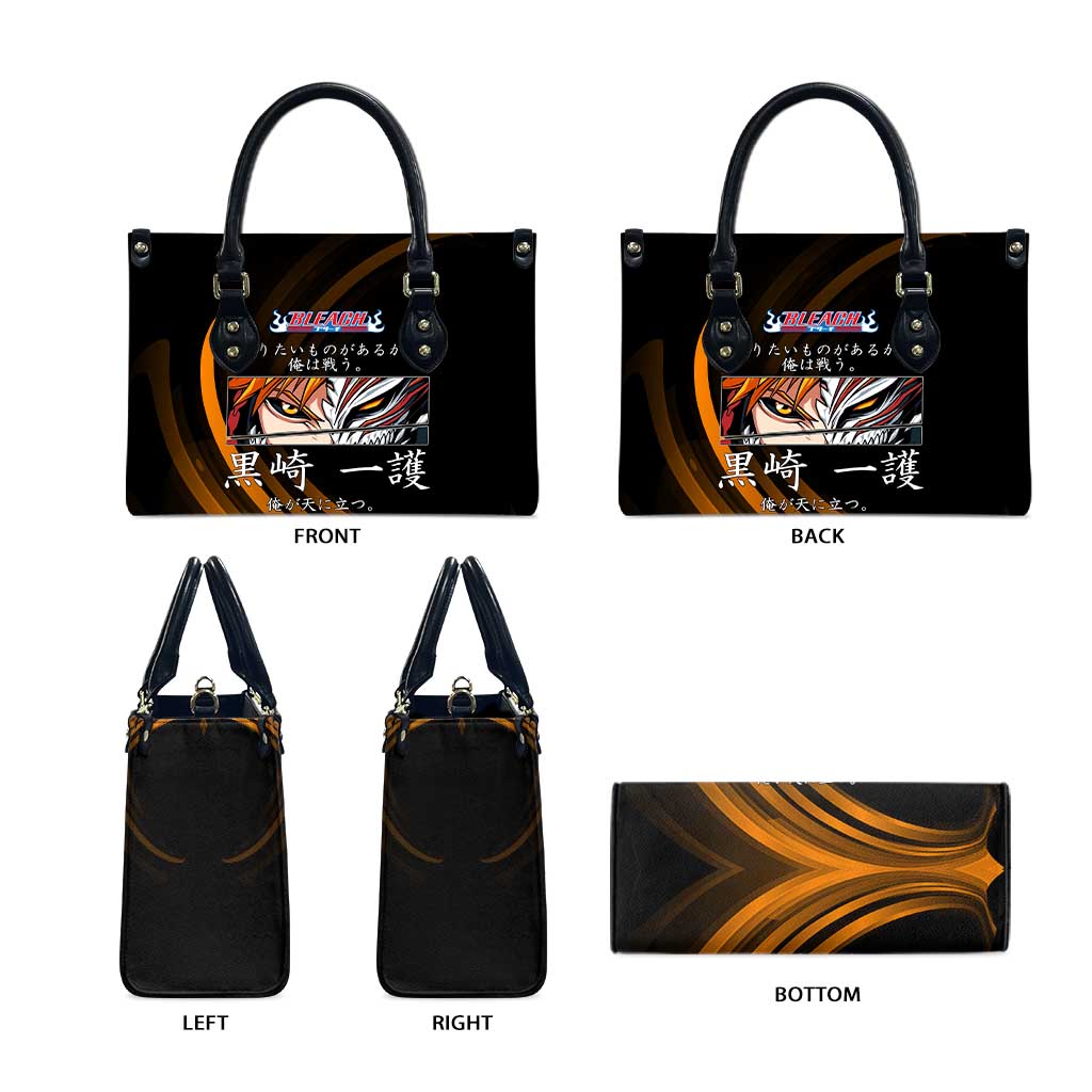 Ichigo Bleach Anime Black and Orange Theme Leather Bag with Hollow Mask and Japanese Calligraphy Design - The Mazicc