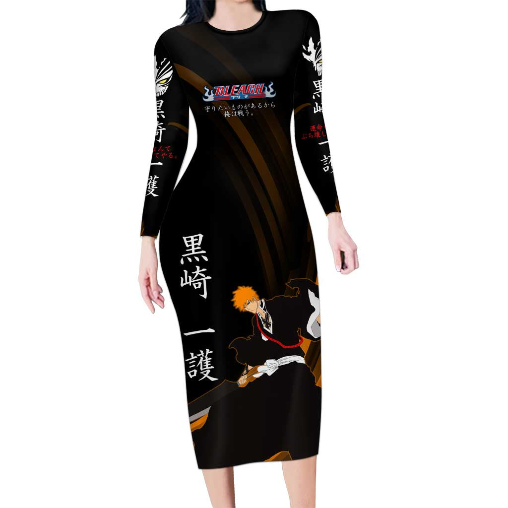 Ichigo Bleach Anime Black and Orange Theme Long Sleeve Bodycon Dress with Hollow Mask and Japanese Calligraphy Design - The Mazicc