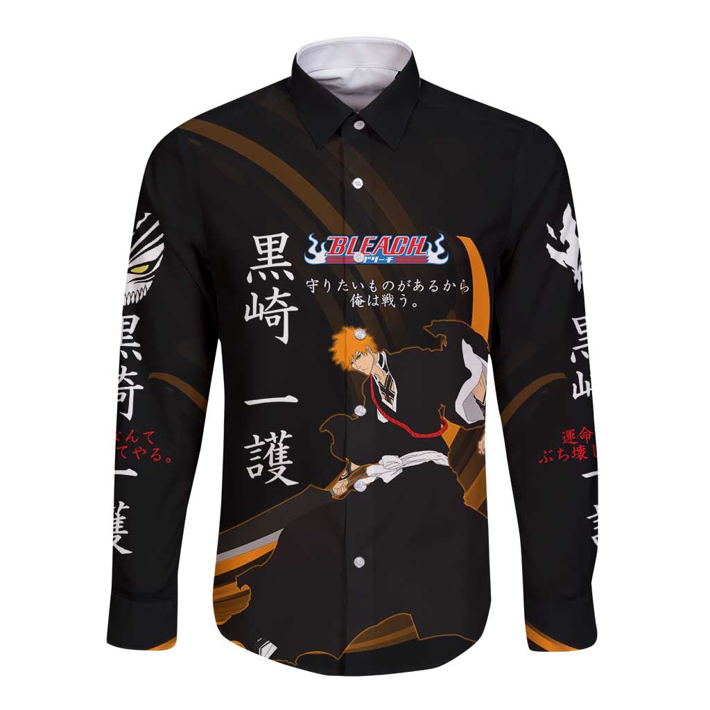 Ichigo Bleach Anime Black and Orange Theme Long Sleeve Button Shirt with Hollow Mask and Japanese Calligraphy Design - The Mazicc