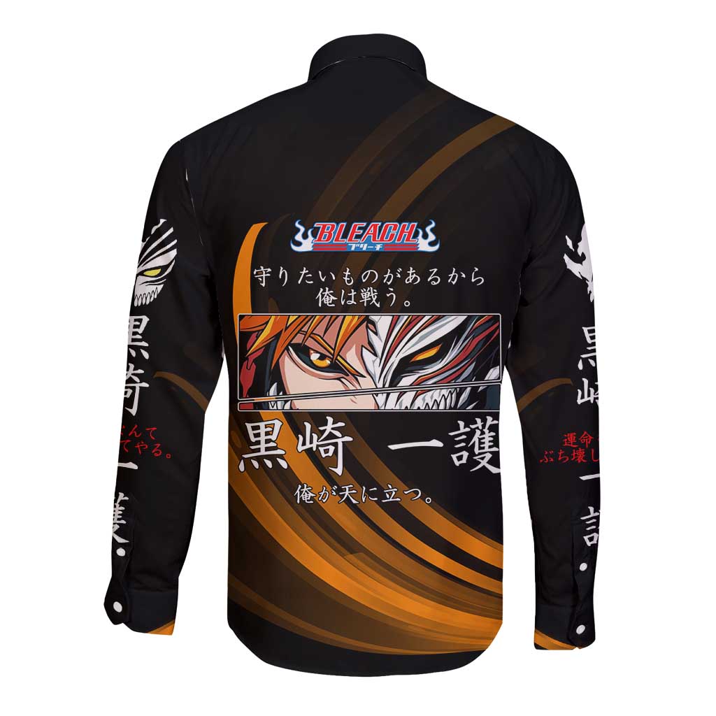 Ichigo Bleach Anime Black and Orange Theme Long Sleeve Button Shirt with Hollow Mask and Japanese Calligraphy Design - The Mazicc