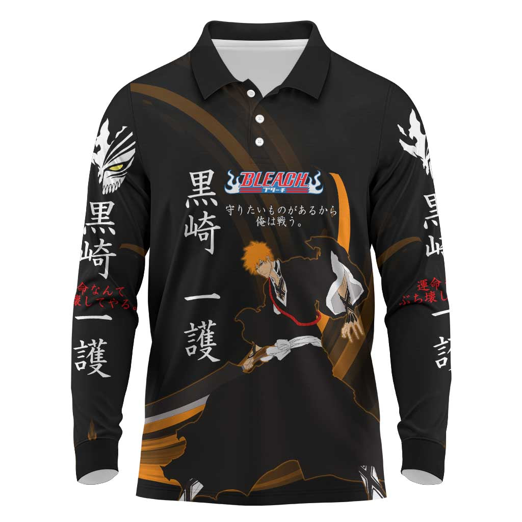 Ichigo Bleach Anime Black and Orange Theme Long Sleeve Polo Shirt with Hollow Mask and Japanese Calligraphy Design - The Mazicc