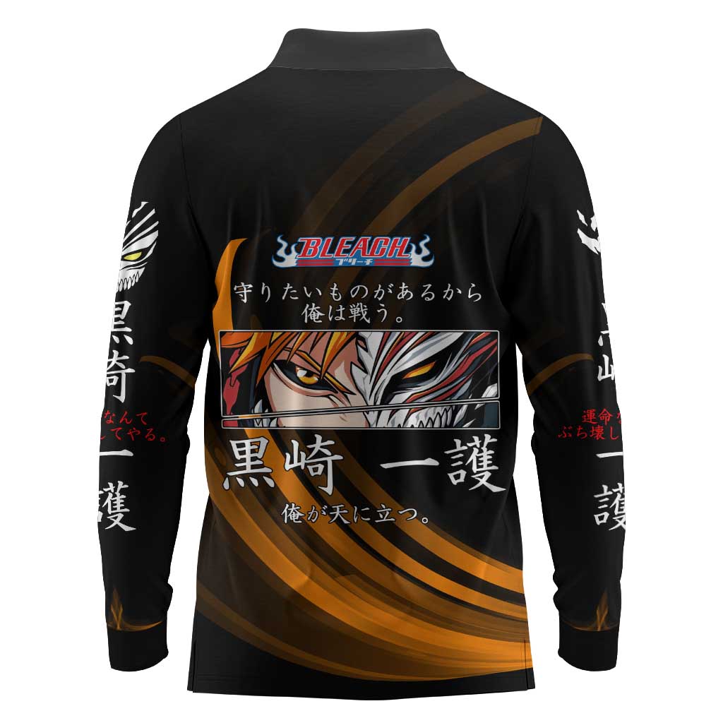 Ichigo Bleach Anime Black and Orange Theme Long Sleeve Polo Shirt with Hollow Mask and Japanese Calligraphy Design - The Mazicc