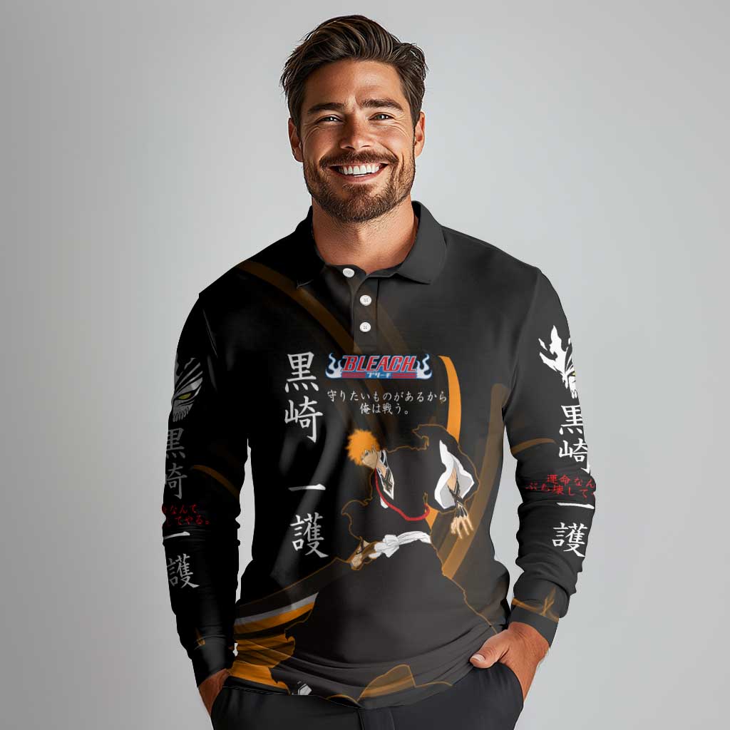 Ichigo Bleach Anime Black and Orange Theme Long Sleeve Polo Shirt with Hollow Mask and Japanese Calligraphy Design - The Mazicc