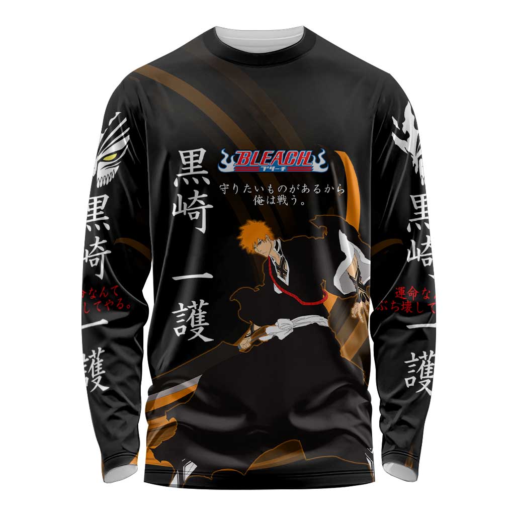 Ichigo Bleach Anime Black and Orange Theme Long Sleeve Shirt with Hollow Mask and Japanese Calligraphy Design - The Mazicc