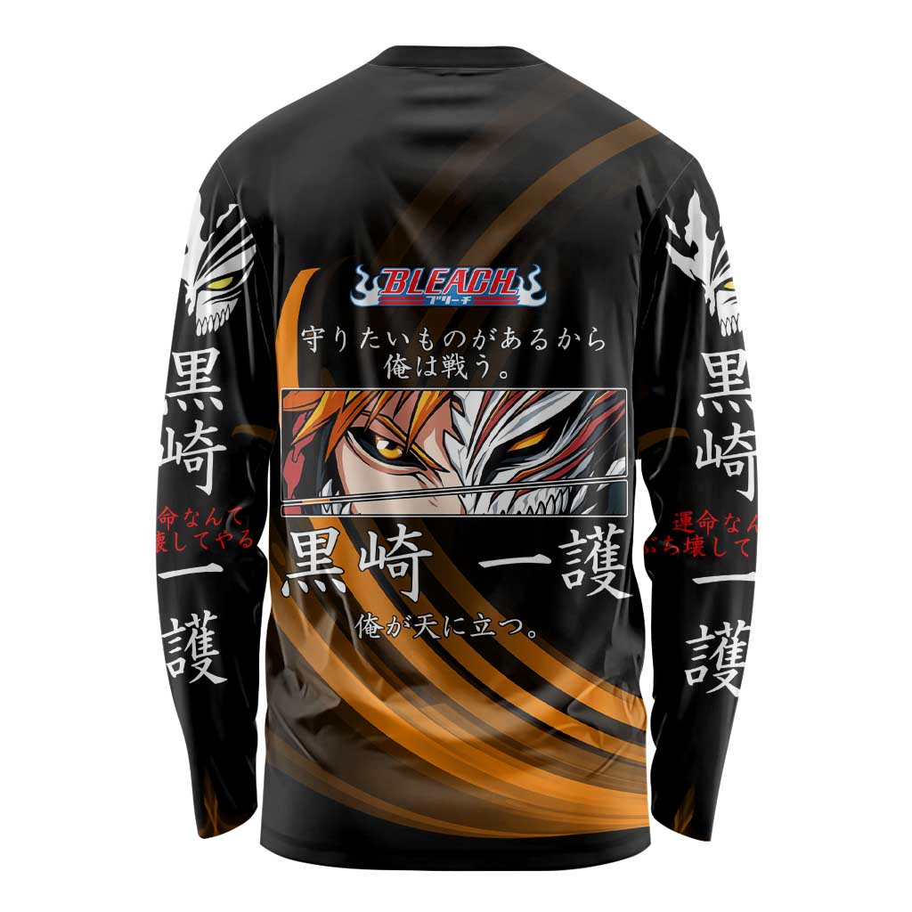 Ichigo Bleach Anime Black and Orange Theme Long Sleeve Shirt with Hollow Mask and Japanese Calligraphy Design - The Mazicc