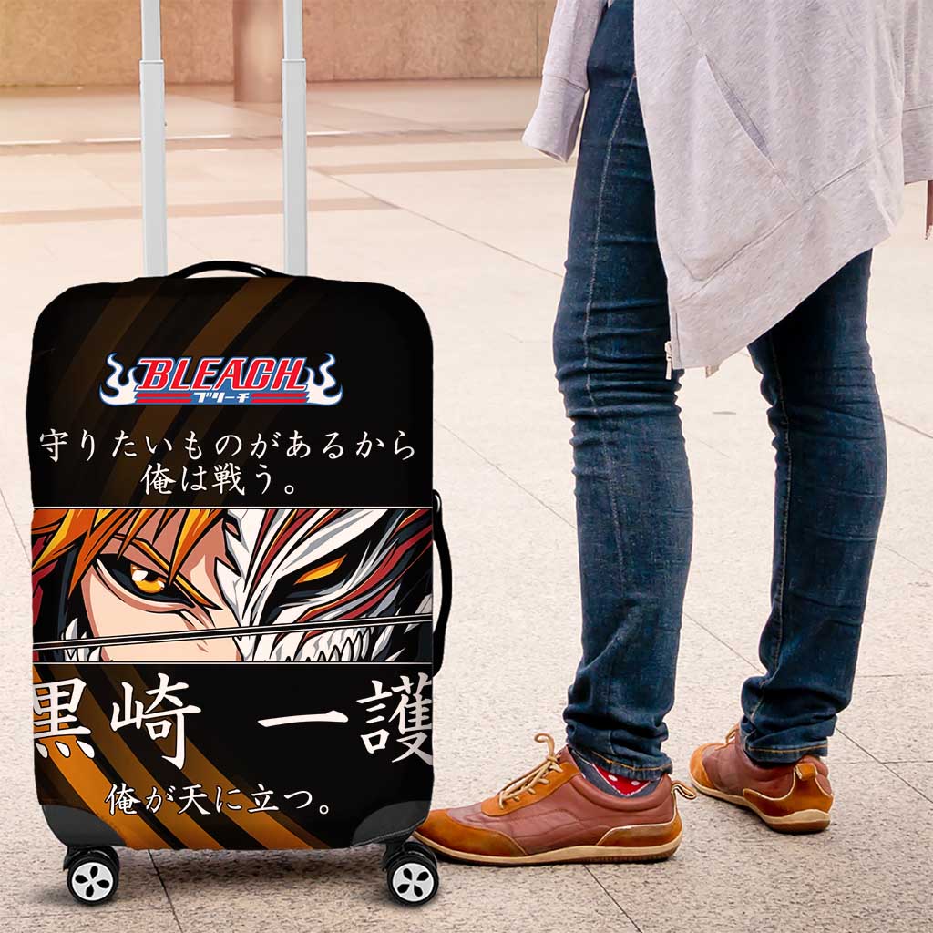 Ichigo Bleach Anime Black and Orange Theme Luggage Cover with Hollow Mask and Japanese Calligraphy Design - The Mazicc