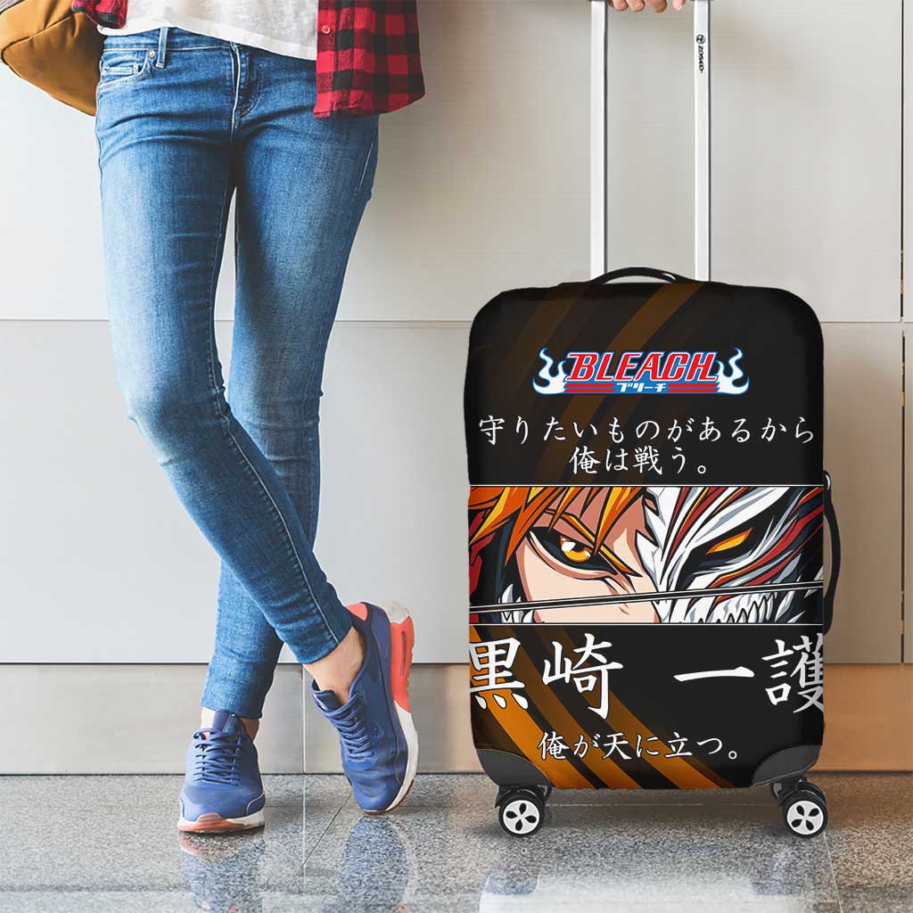 Ichigo Bleach Anime Black and Orange Theme Luggage Cover with Hollow Mask and Japanese Calligraphy Design - The Mazicc