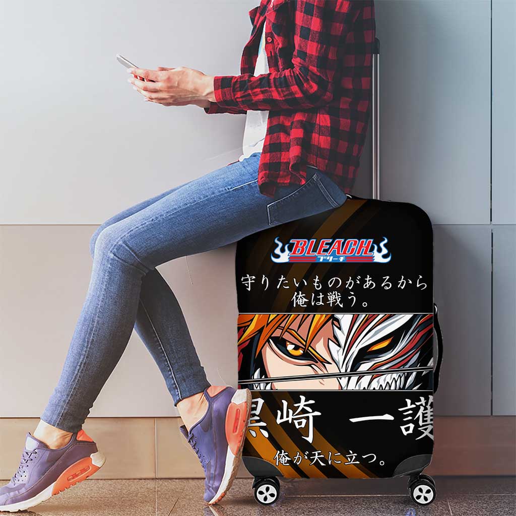 Ichigo Bleach Anime Black and Orange Theme Luggage Cover with Hollow Mask and Japanese Calligraphy Design - The Mazicc