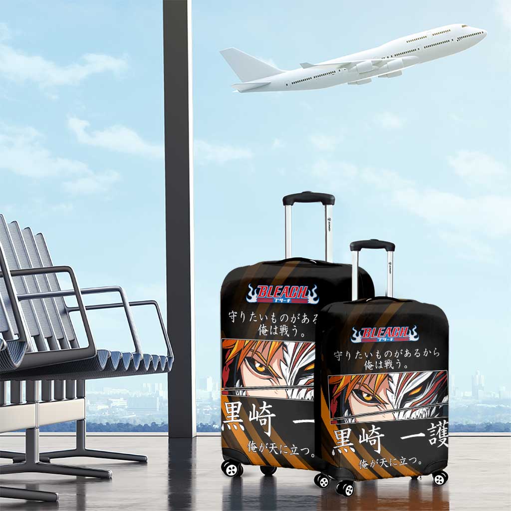 Ichigo Bleach Anime Black and Orange Theme Luggage Cover with Hollow Mask and Japanese Calligraphy Design - The Mazicc