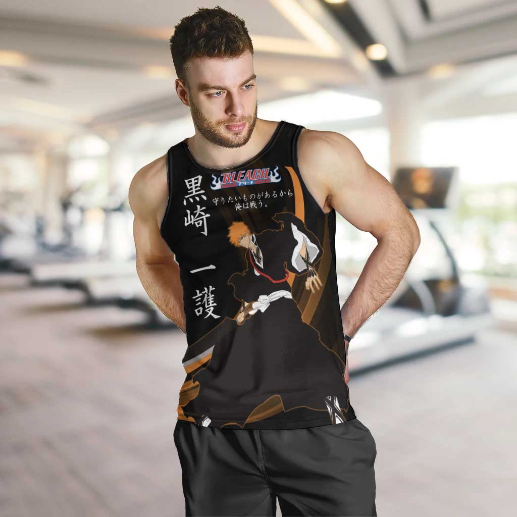 Ichigo Bleach Anime Black and Orange Theme Men Tank Top with Hollow Mask and Japanese Calligraphy Design - The Mazicc