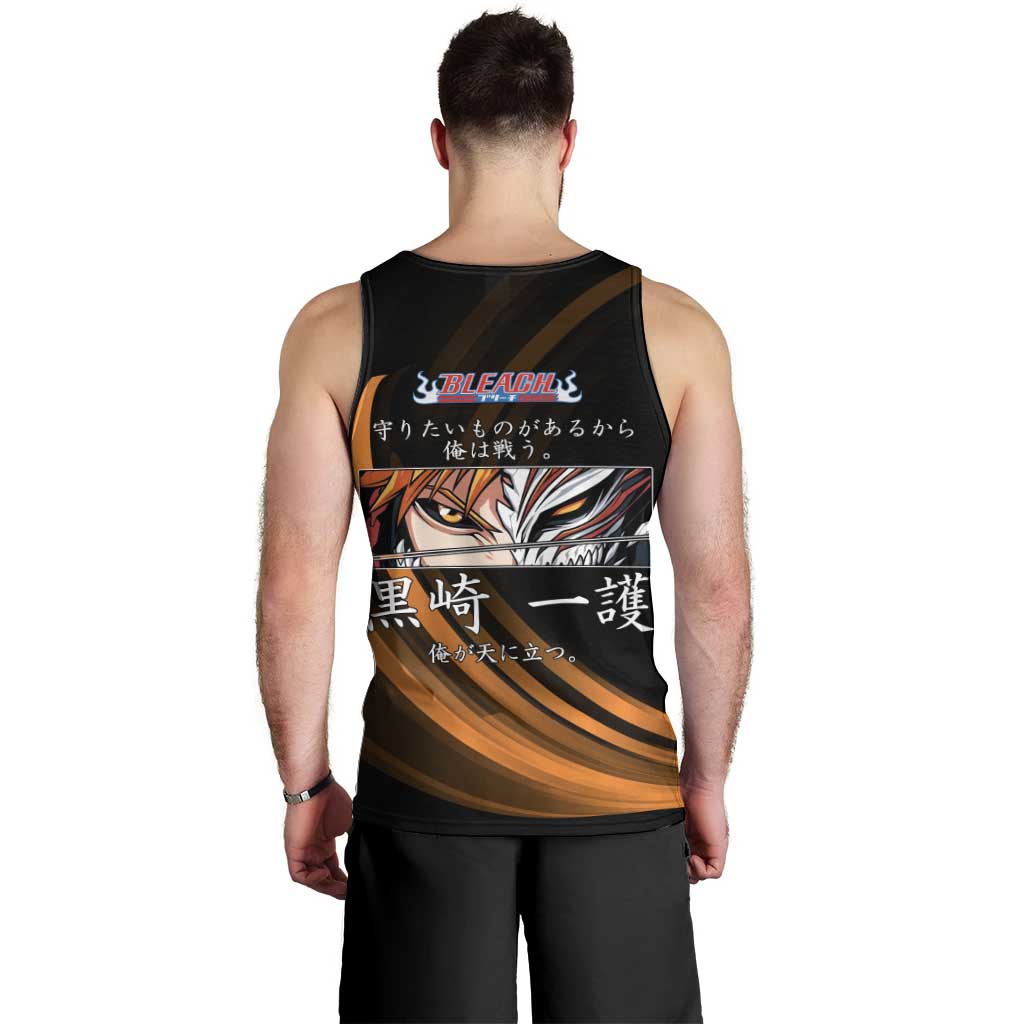Ichigo Bleach Anime Black and Orange Theme Men Tank Top with Hollow Mask and Japanese Calligraphy Design - The Mazicc