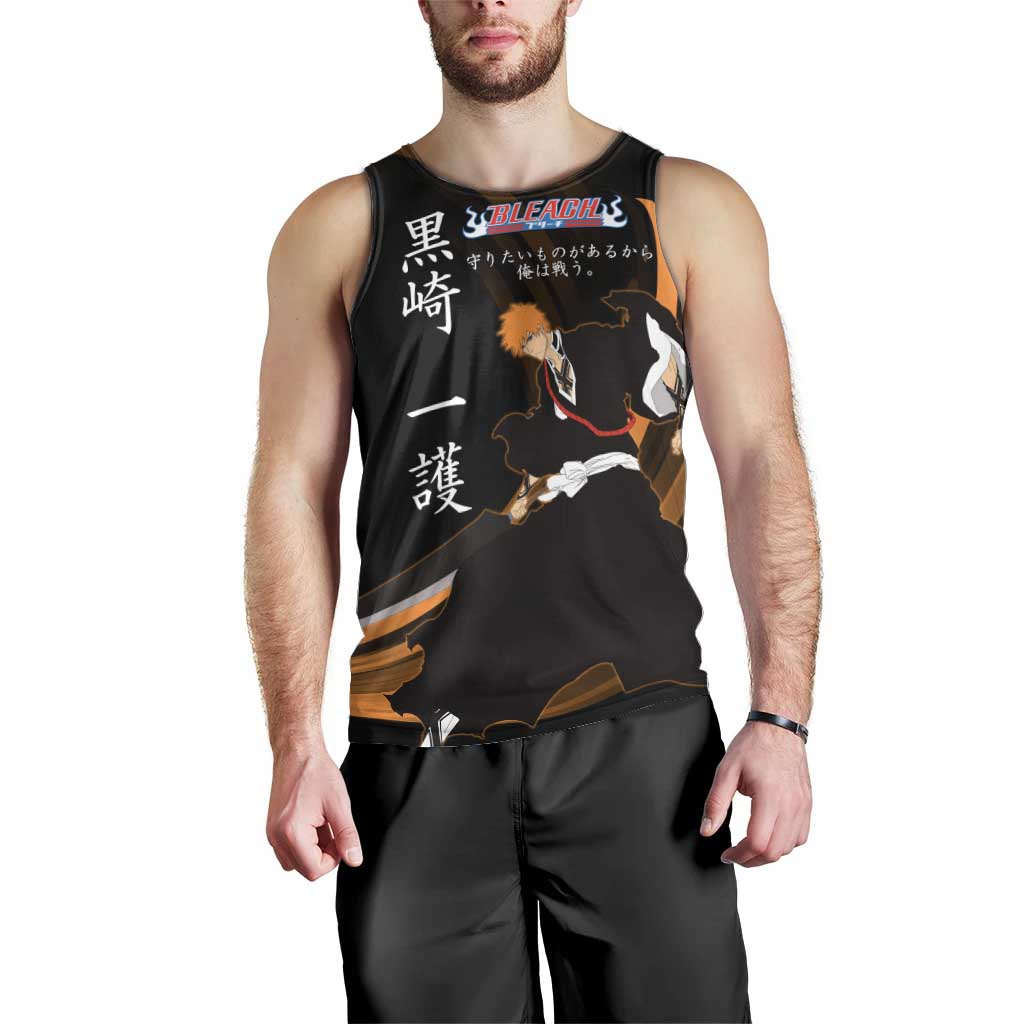 Ichigo Bleach Anime Black and Orange Theme Men Tank Top with Hollow Mask and Japanese Calligraphy Design - The Mazicc