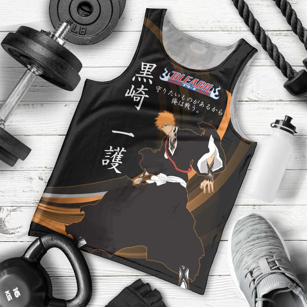 Ichigo Bleach Anime Black and Orange Theme Men Tank Top with Hollow Mask and Japanese Calligraphy Design - The Mazicc