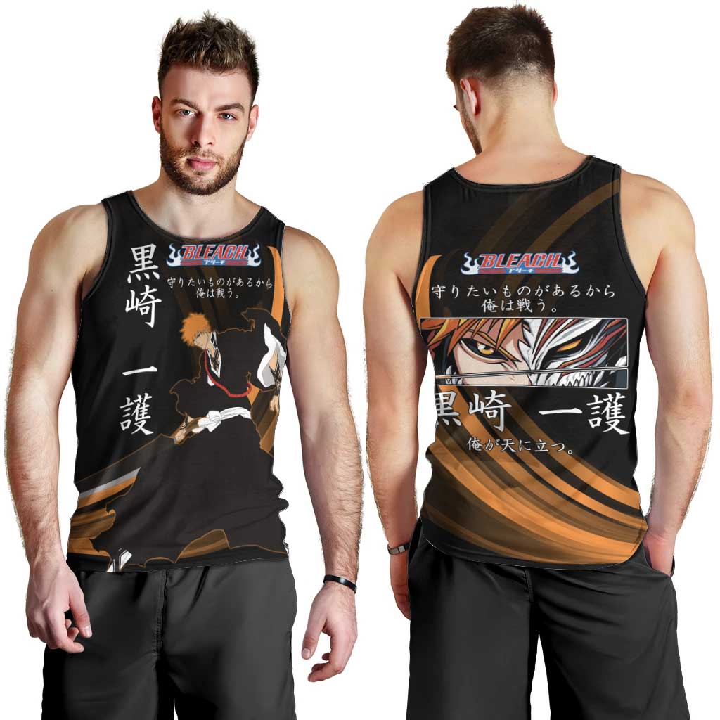 Ichigo Bleach Anime Black and Orange Theme Men Tank Top with Hollow Mask and Japanese Calligraphy Design - The Mazicc