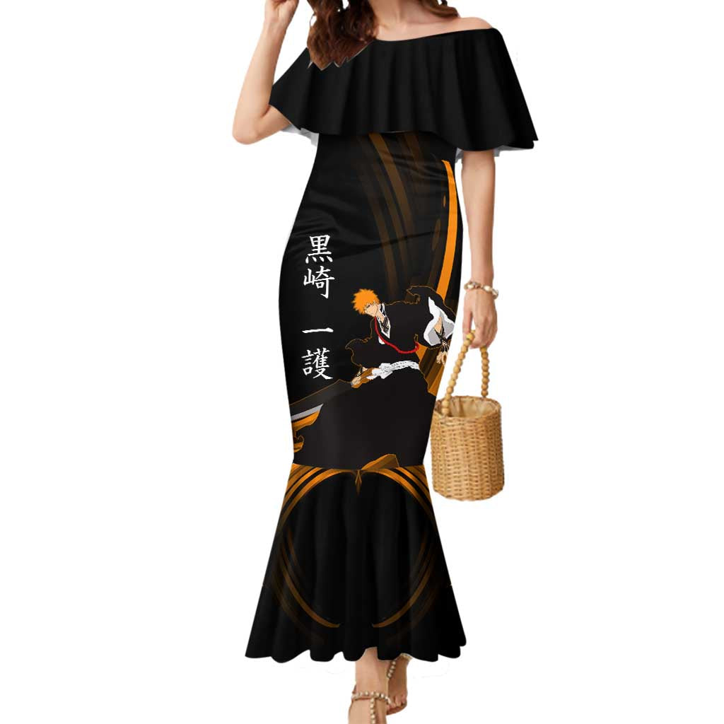 Ichigo Bleach Anime Black and Orange Theme Mermaid Dress with Hollow Mask and Japanese Calligraphy Design - The Mazicc