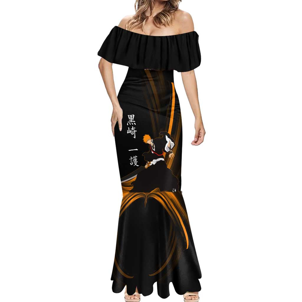 Ichigo Bleach Anime Black and Orange Theme Mermaid Dress with Hollow Mask and Japanese Calligraphy Design - The Mazicc