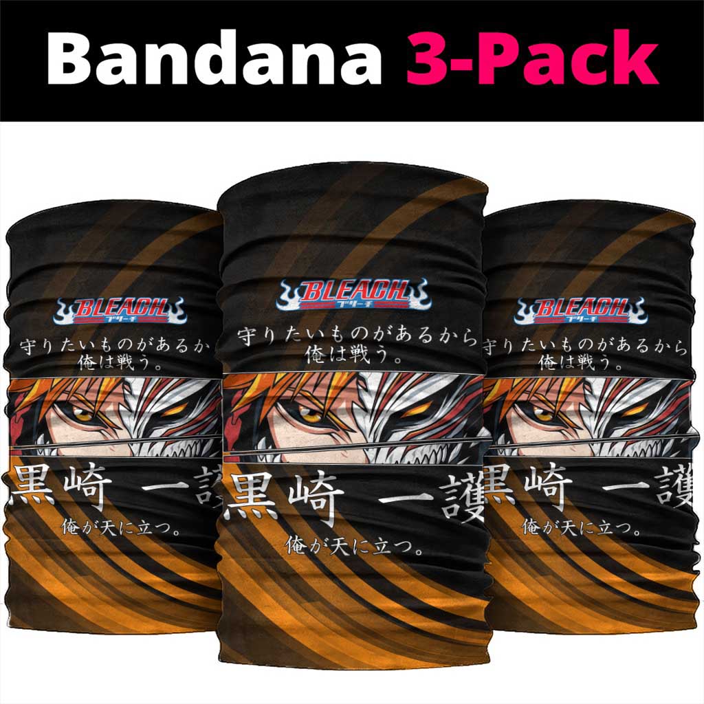 Ichigo Bleach Anime Black and Orange Theme Neck Gaiter with Hollow Mask and Japanese Calligraphy Design - The Mazicc