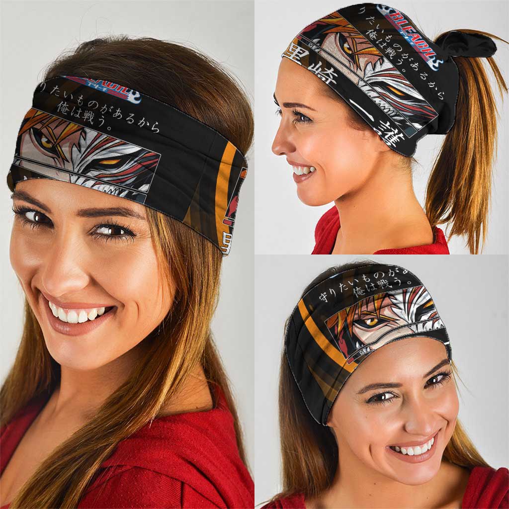 Ichigo Bleach Anime Black and Orange Theme Neck Gaiter with Hollow Mask and Japanese Calligraphy Design - The Mazicc
