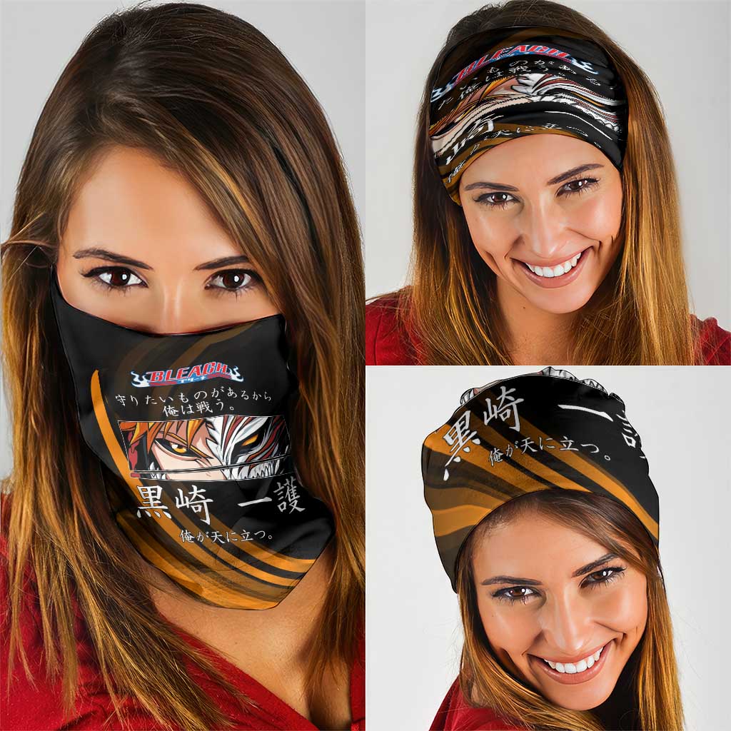 Ichigo Bleach Anime Black and Orange Theme Neck Gaiter with Hollow Mask and Japanese Calligraphy Design - The Mazicc
