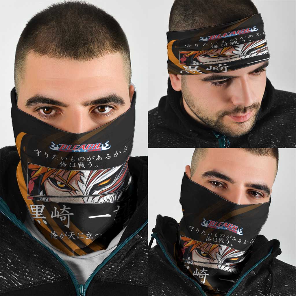 Ichigo Bleach Anime Black and Orange Theme Neck Gaiter with Hollow Mask and Japanese Calligraphy Design - The Mazicc