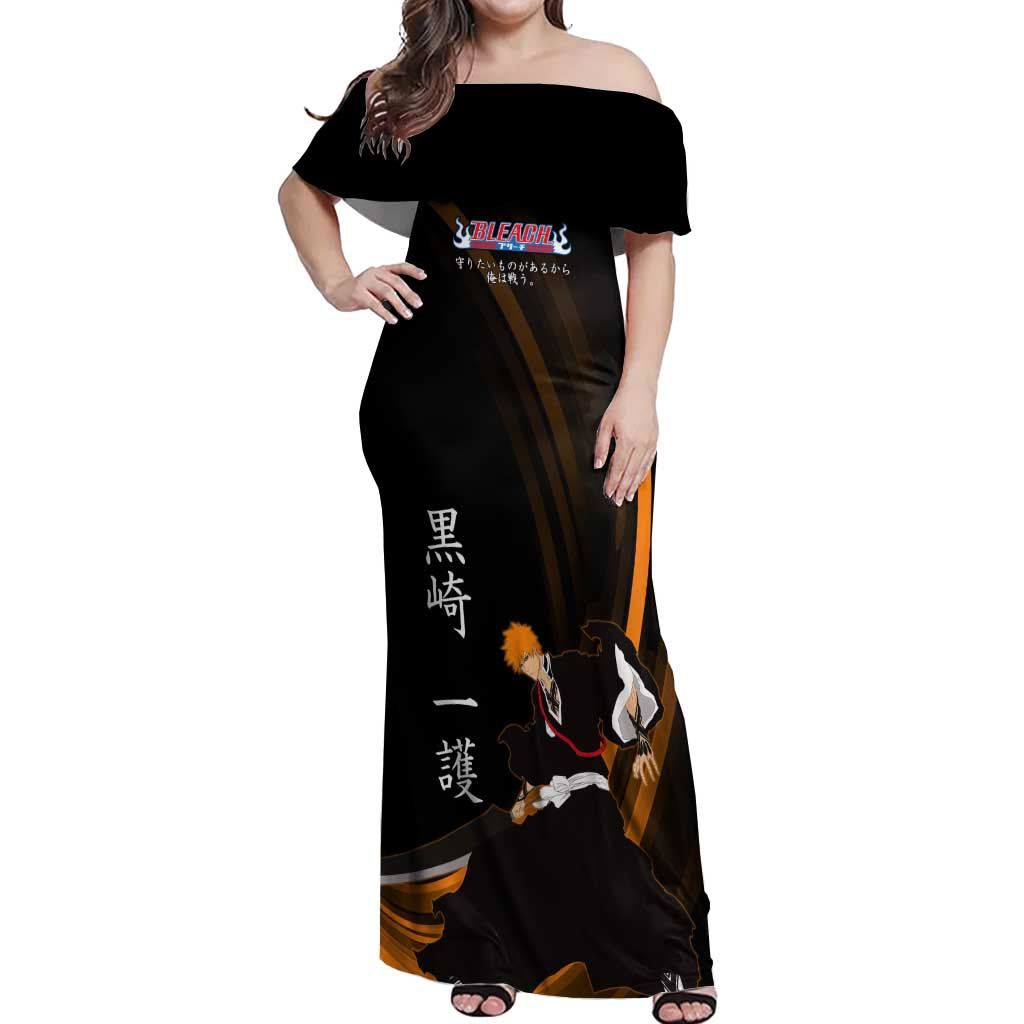 Ichigo Bleach Anime Black and Orange Theme Off Shoulder Maxi Dress with Hollow Mask and Japanese Calligraphy Design - The Mazicc