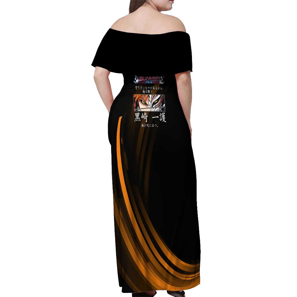 Ichigo Bleach Anime Black and Orange Theme Off Shoulder Maxi Dress with Hollow Mask and Japanese Calligraphy Design - The Mazicc