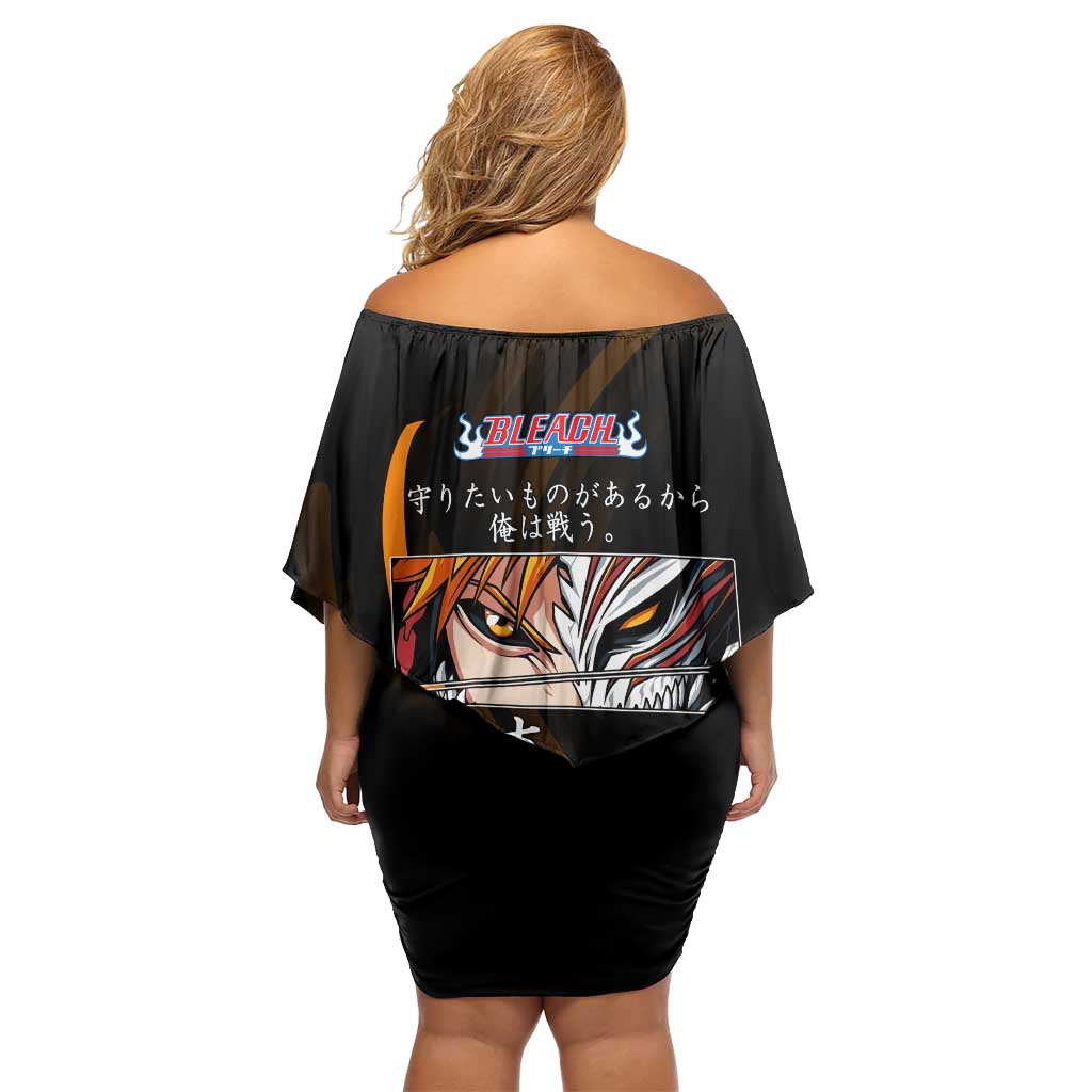 Ichigo Bleach Anime Black and Orange Theme Off Shoulder Short Dress with Hollow Mask and Japanese Calligraphy Design - The Mazicc