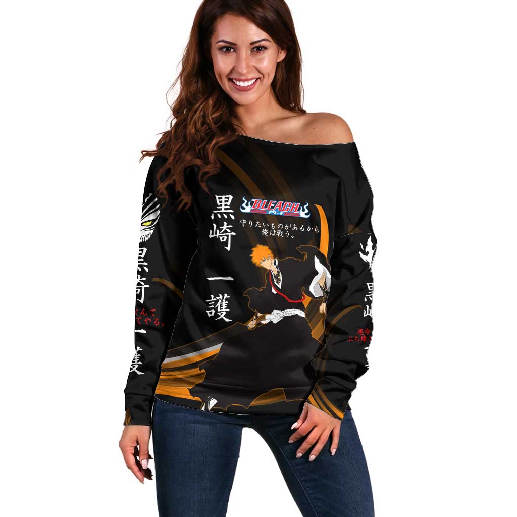 Ichigo Bleach Anime Black and Orange Theme Off Shoulder Sweater with Hollow Mask and Japanese Calligraphy Design - The Mazicc