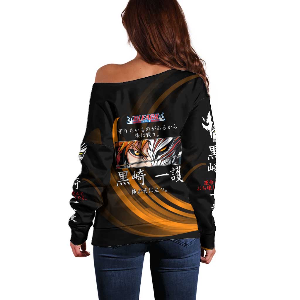 Ichigo Bleach Anime Black and Orange Theme Off Shoulder Sweater with Hollow Mask and Japanese Calligraphy Design - The Mazicc