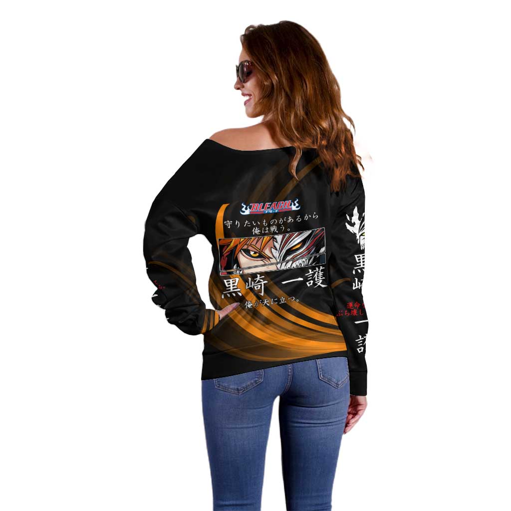 Ichigo Bleach Anime Black and Orange Theme Off Shoulder Sweater with Hollow Mask and Japanese Calligraphy Design - The Mazicc