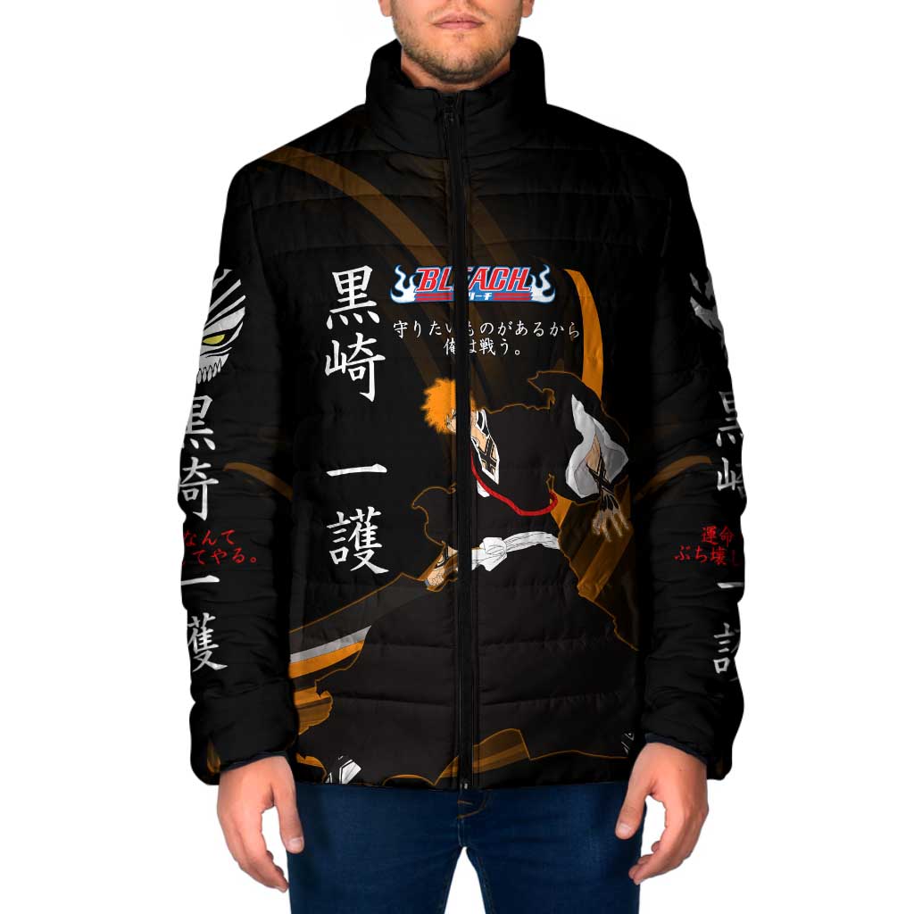 Ichigo Bleach Anime Black and Orange Theme Padded Jacket with Hollow Mask and Japanese Calligraphy Design - The Mazicc