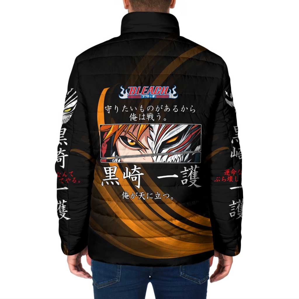 Ichigo Bleach Anime Black and Orange Theme Padded Jacket with Hollow Mask and Japanese Calligraphy Design - The Mazicc